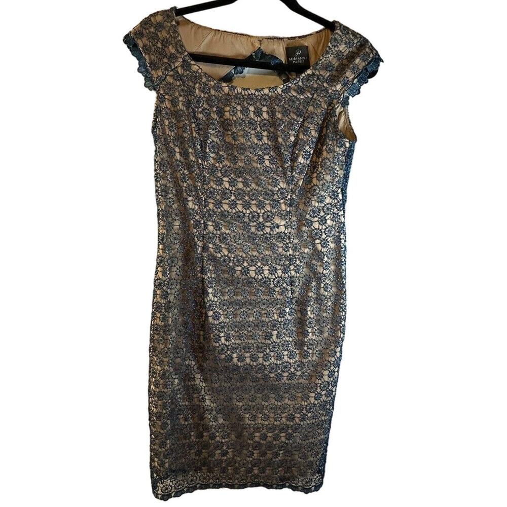 Adrianna Papell Lace Sheath Dress Sz 4 Blue over Tan